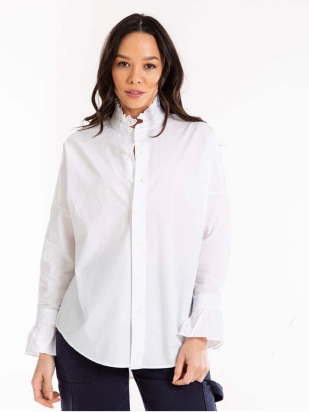 ALEX MILL Wash & Go Crisp White Ruffle Button-Up Shirt Size Medium